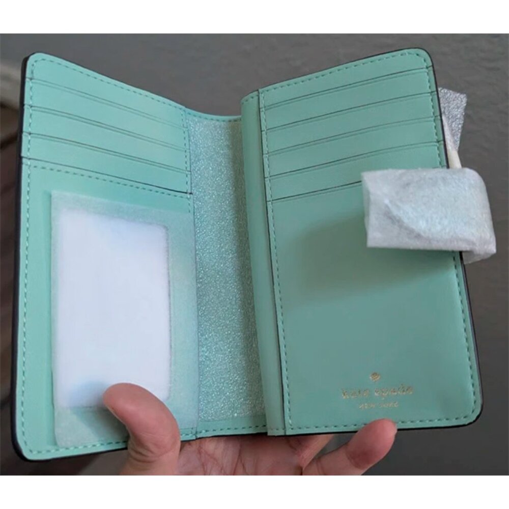 S NIB Kate Spade Kenzie Boxed Medium Compact Bifold Green Glitter Wallet KK321 - Picture 8 of 9